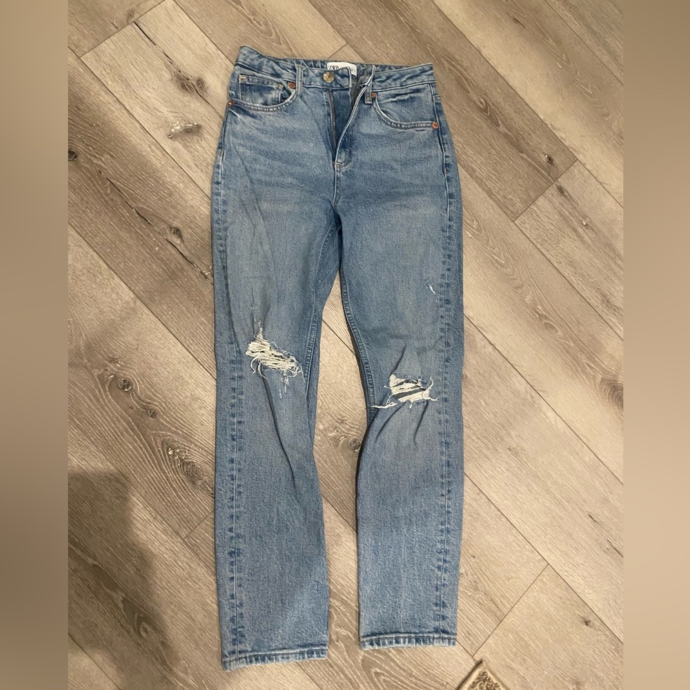 Zara Blue High Rise Distressed Jeans